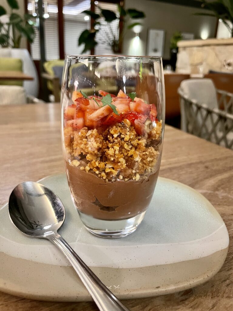 Chocolate mousse with hazlenut praline and strawberry salsa at Forest Byron Bay