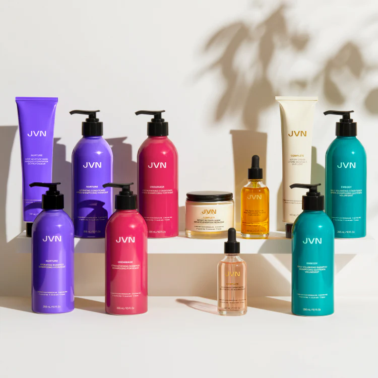 The complete JVN Hair range including shampoos, conditioners, serums and treatments. 