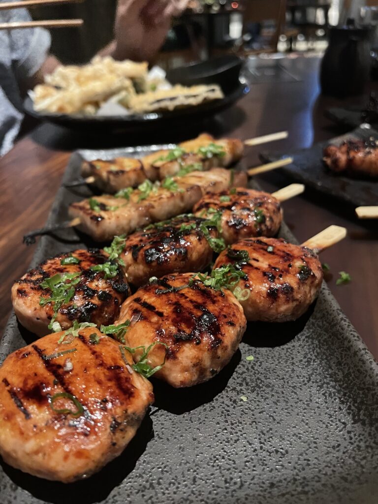 teriyaki skewers and pork belly at at Izakaya Publico