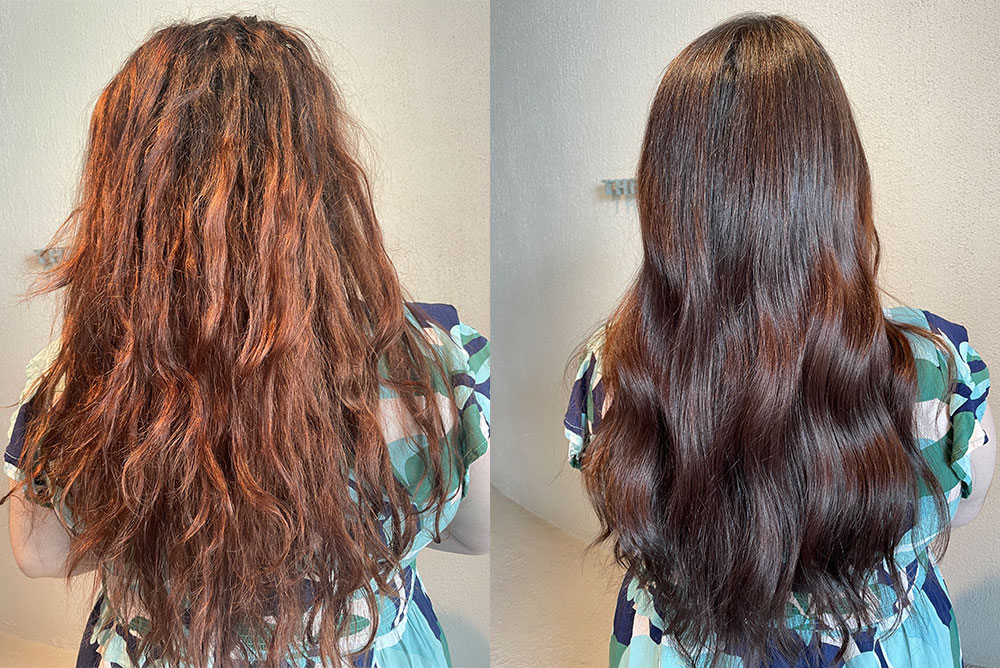Woman with long hair before and after Wella Shinefinity hair glaze treatment