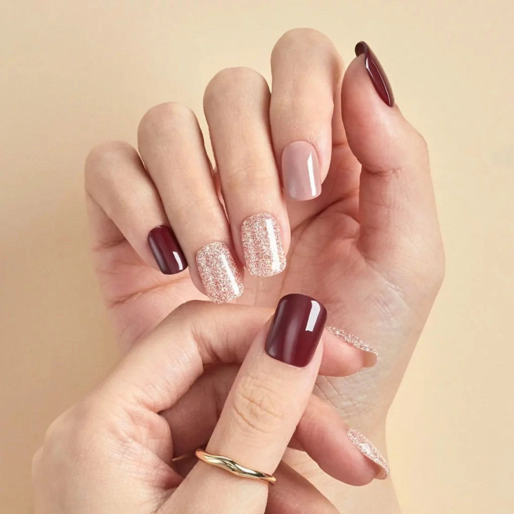 two hands wearing pink, red and glitter nails. 