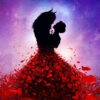 Silhouettes of beauty and the beast with the dress made out of rose petals