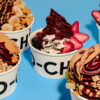 Five containers of Yo-Chi frozen yoghurt swirls adorned with fruit