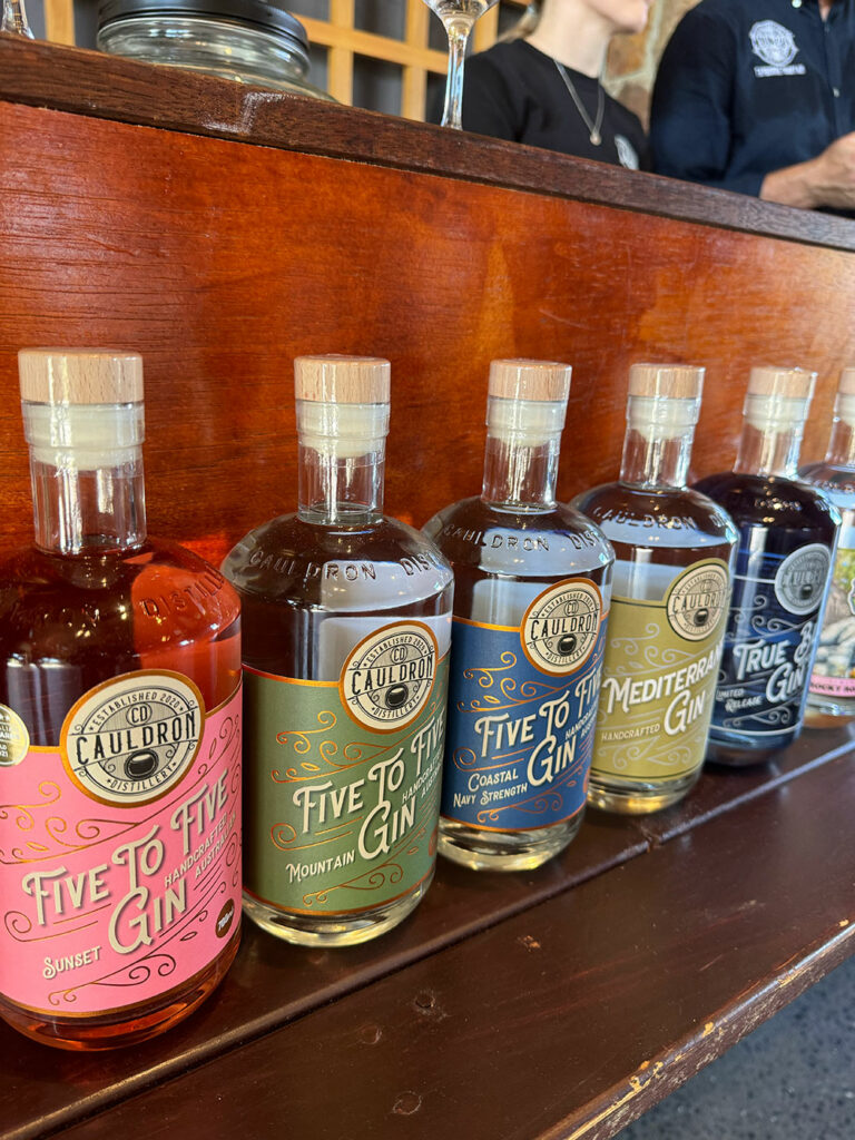 Five Cauldron Distillery gin bottles sit on a wooden shelf. 