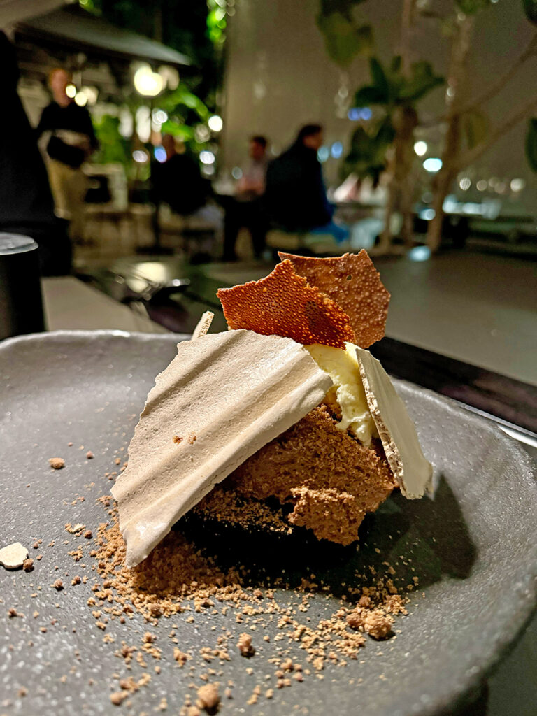 A chocolate mousse dessert topped with meringue and ice cream sits on a black plate. 