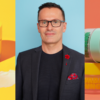 An image of a man in a grey suit and black shirt with black rimmed glasses sits between two photos of Urban Jungle beauty products